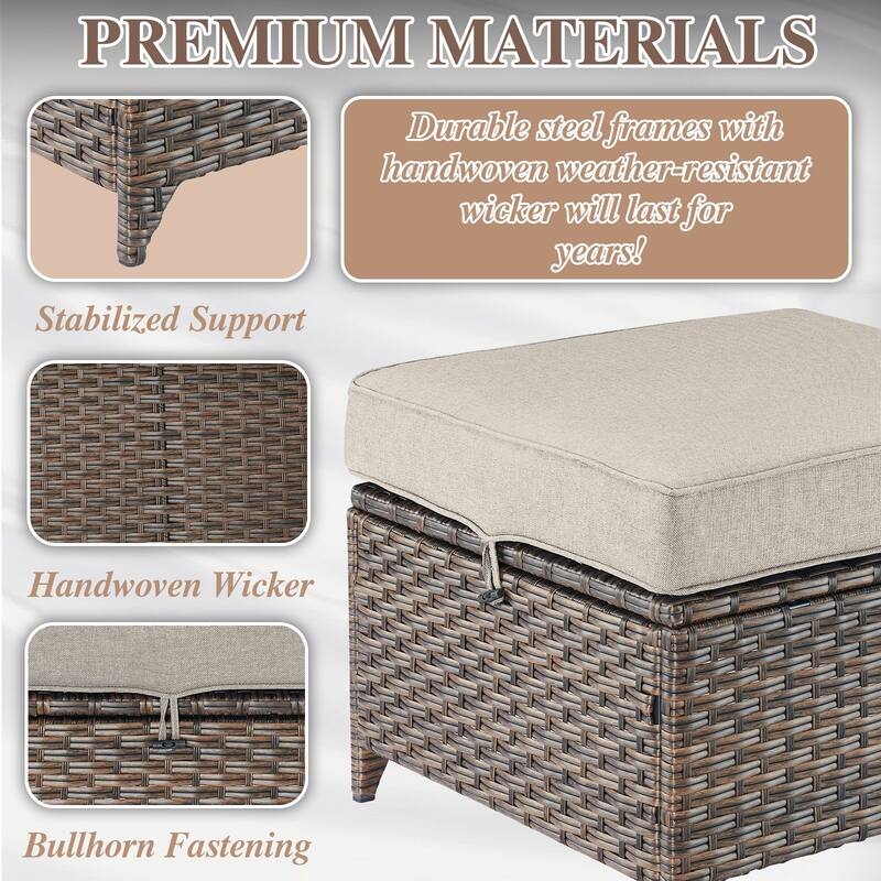 Patio Rattan Footstool with Cushions - Brown