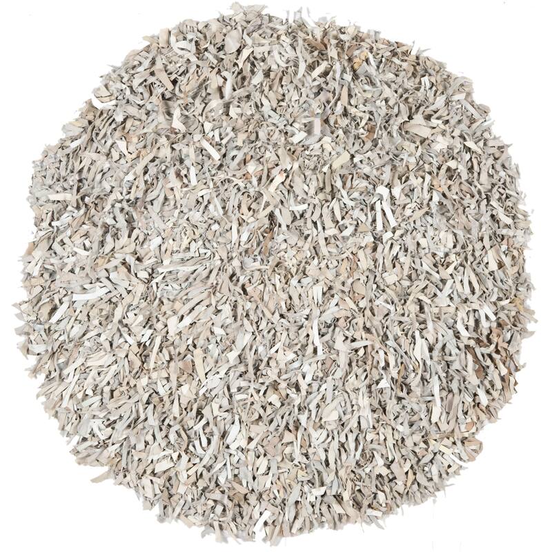 SAFAVIEH Handmade Leather Shag Carlijn Modern Decorative Rug - 4' x 4' Round - White