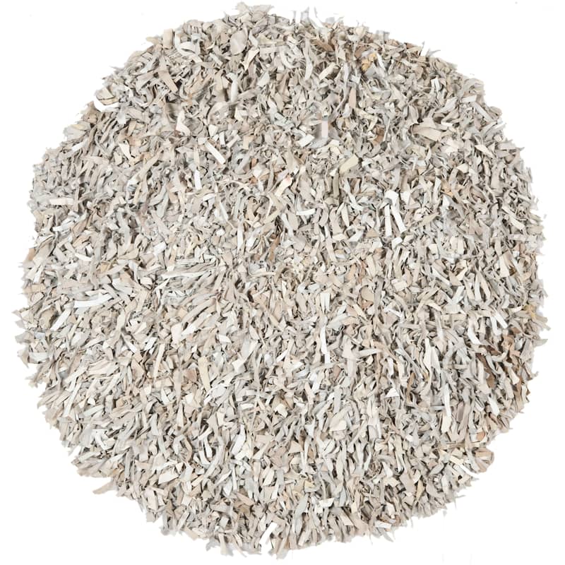 SAFAVIEH Handmade Leather Shag Doinita Modern Decorative Rug - 4' Round - White