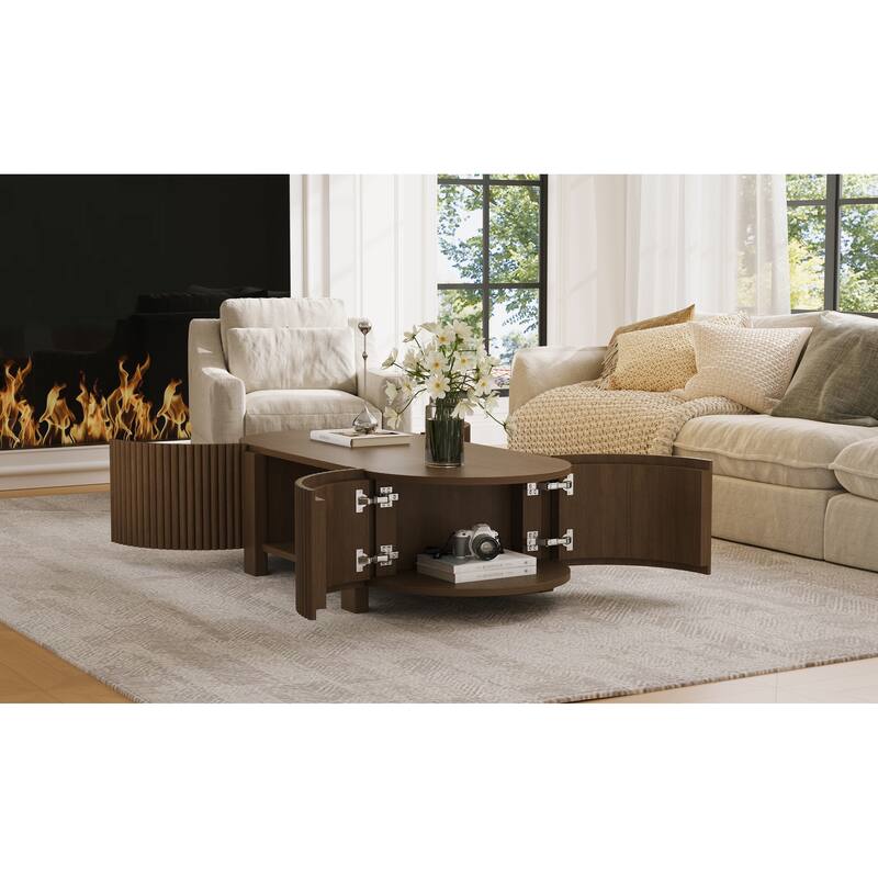 47" Coffee Table for Living Room, Wood Center Table, Tea Table, Storage Table with Sliding Doors, Modern Oval End Table
