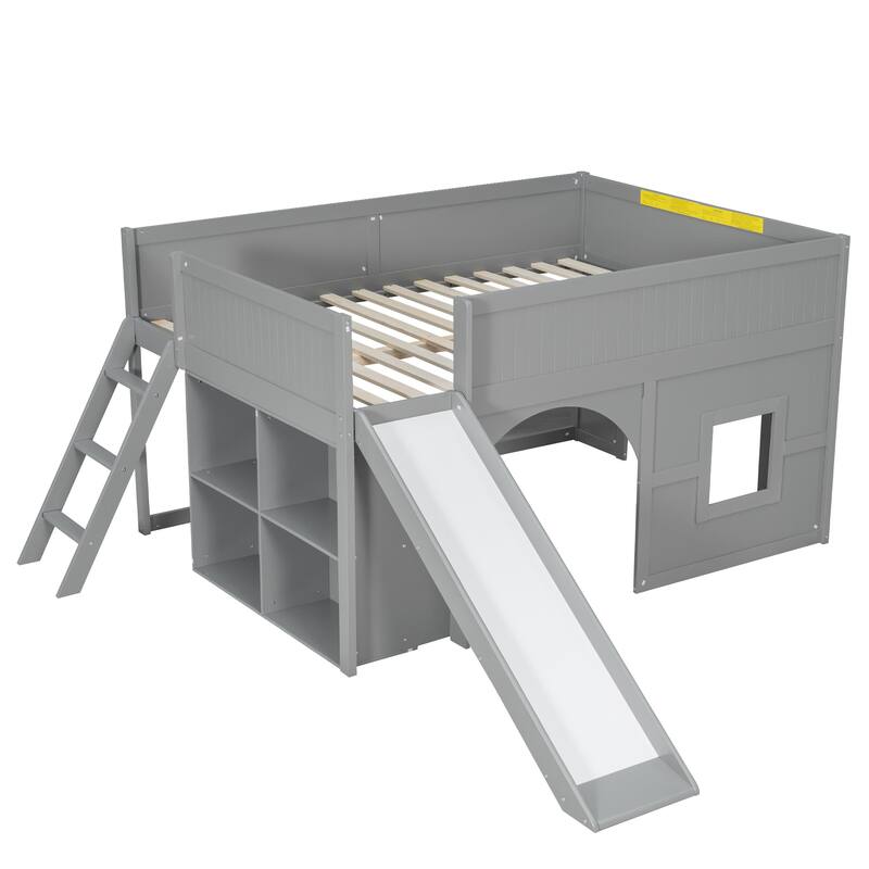 Roomfitters Full Low Loft Bed with Slide, Storage Shelves and Window Design