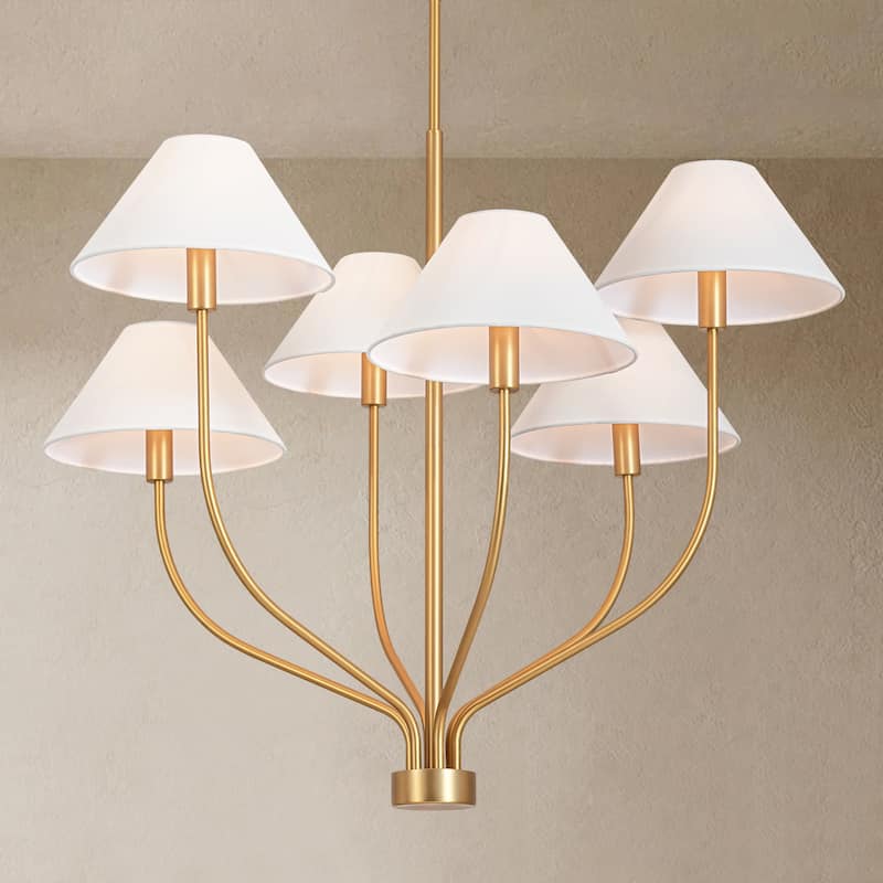 6-Light Modern Gold/Matte Black Sputnik Staggered Large Chandelier with Cone White Fabric Shade - Gold/White