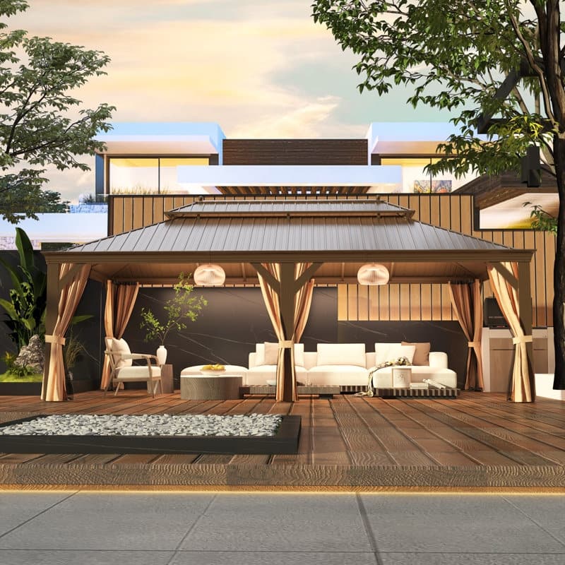 Erommy Hardtop Gazebo with Aluminum Frame and Double Roof, Permanent Outdoor Gazebo Includes Curtains&Netting for Patio Backyard