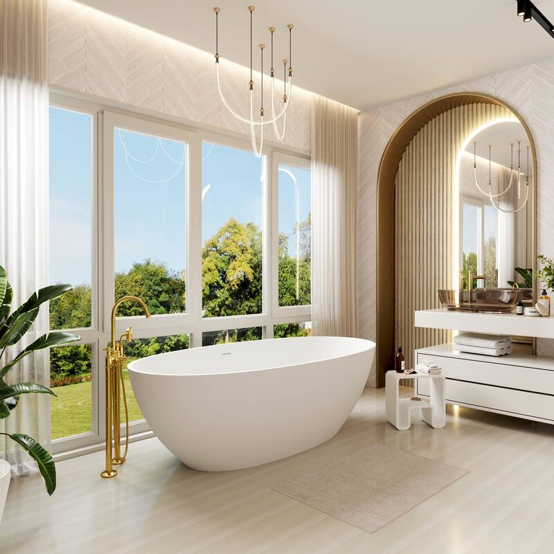 71 in. Freestanding Solid Surface Bathtub in Matte White, Luxury Deep Soaking Tub with Center Drain