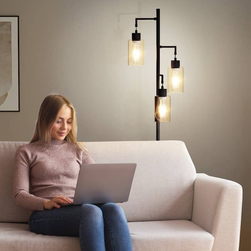 67" 3-Light Tree-Shaped Floor Lamp - Glass Lampshades & Foot Switch for Living Room & Bedroom