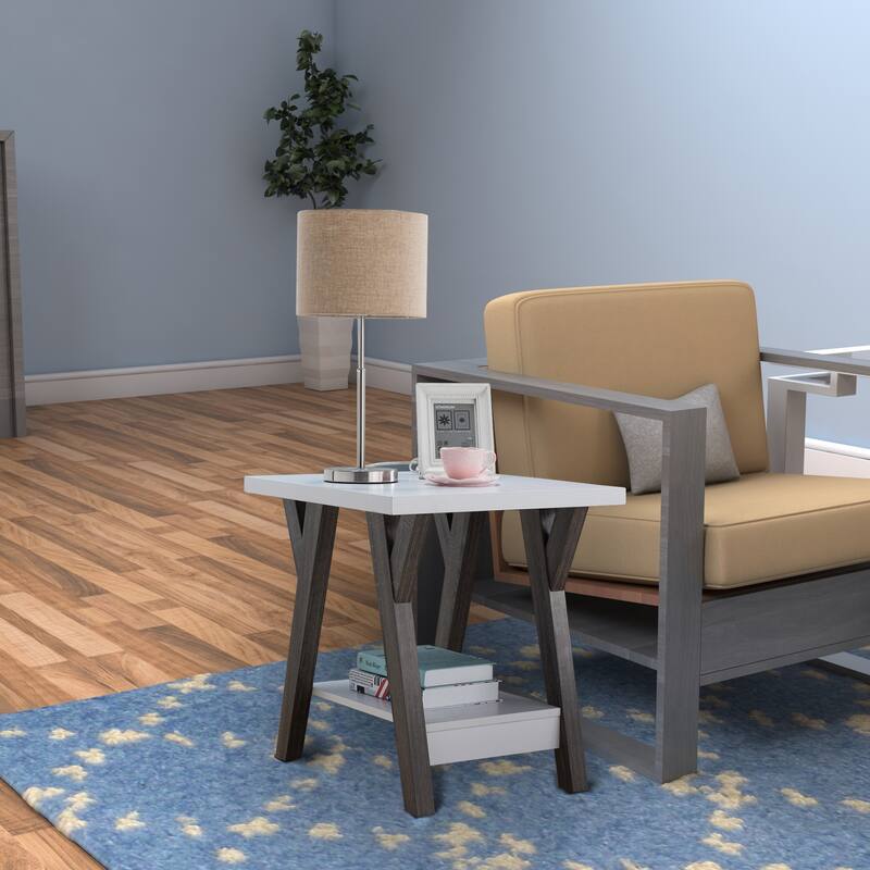 22 in. White and Distressed Gray Rectangle Wood End Table, Sturdy Build End Side Table for Living Rooms