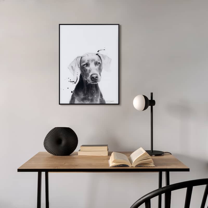 "Weimaraner" Black and White Pet Paintings on Printed Glass Encased with a Black Anodized Frame