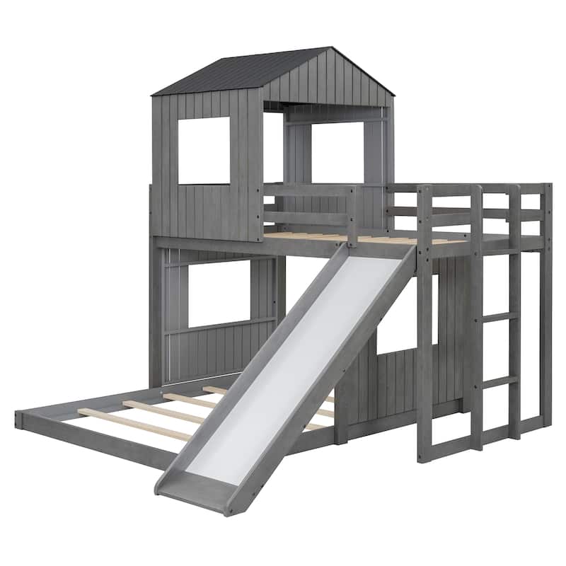 Wooden Twin Over Full Bunk Bed, Loft Bed with Playhouse, Farmhouse, Ladder, Slide and Guardrails, Antique Gray