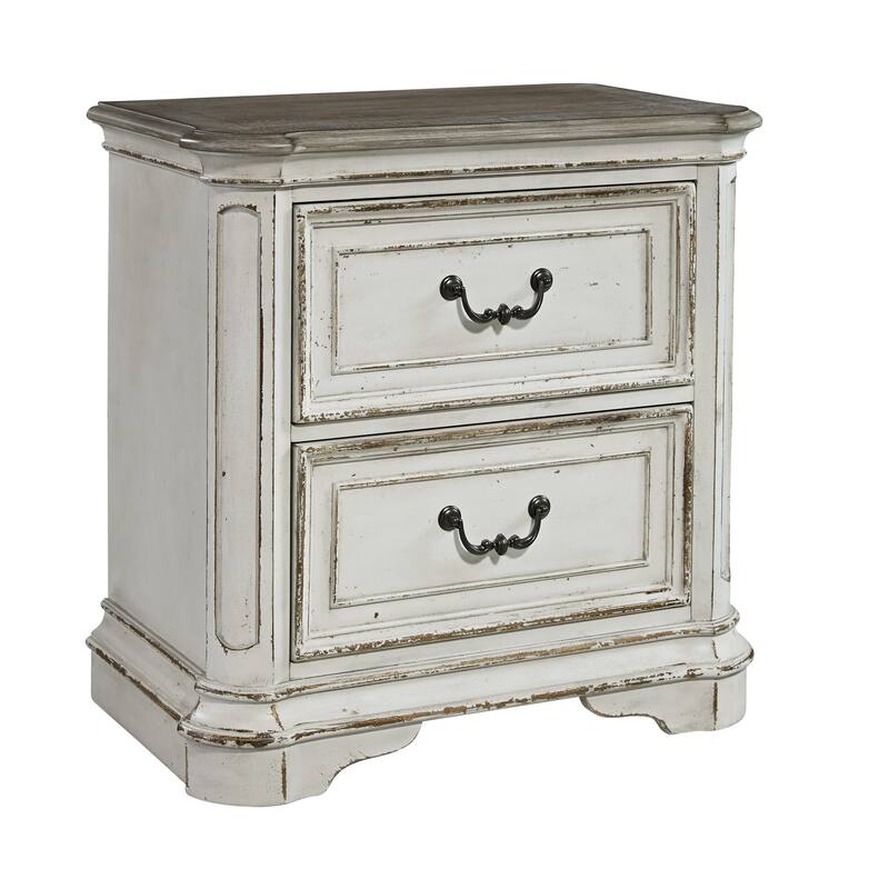 Magnolia Manor Antique White & Weathered Bark Upholstered Sleigh Bed, Dresser and Mirror, and Nightstand Set