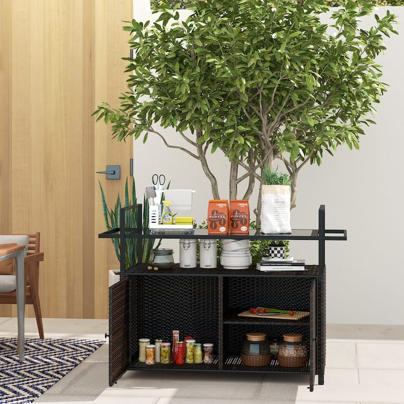 Outsunny PE Rattan Outdoor Bar Table, Outdoor Kitchen Island with 2-Tier Shelf & Cabinet, Patio Serving Cart - Black