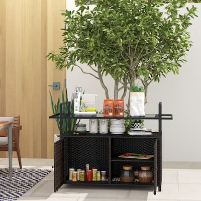 Outsunny PE Rattan Outdoor Bar Table, Outdoor Kitchen Island with 2-Tier Shelf & Cabinet, Patio Serving Cart