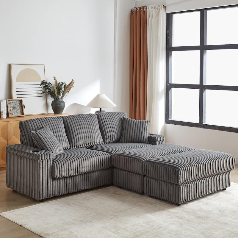 Anmytek 84 Inch Black Corduroy 3-Seater Deep Seat Sofa with Ottoman Storage Cup Holders and Pillows - Grey
