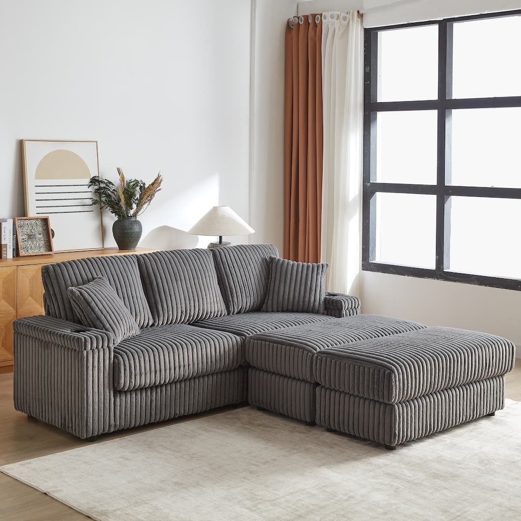 Anmytek 84 Inch Black Corduroy 3-Seater Deep Seat Sofa with Ottoman Storage Cup Holders and Pillows