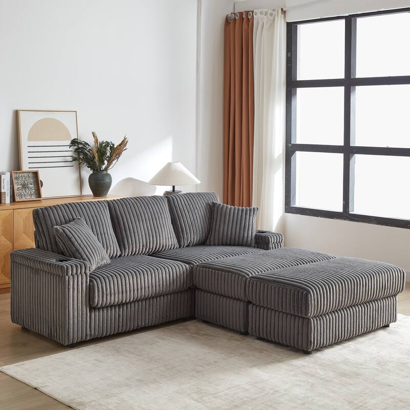Corduroy Sectional Loveseat Sofa with 2 Ottomans Chaise Lounge, 2 Toss Pillows, 2 Arm Storage and 2 Cup-holding for Living Room