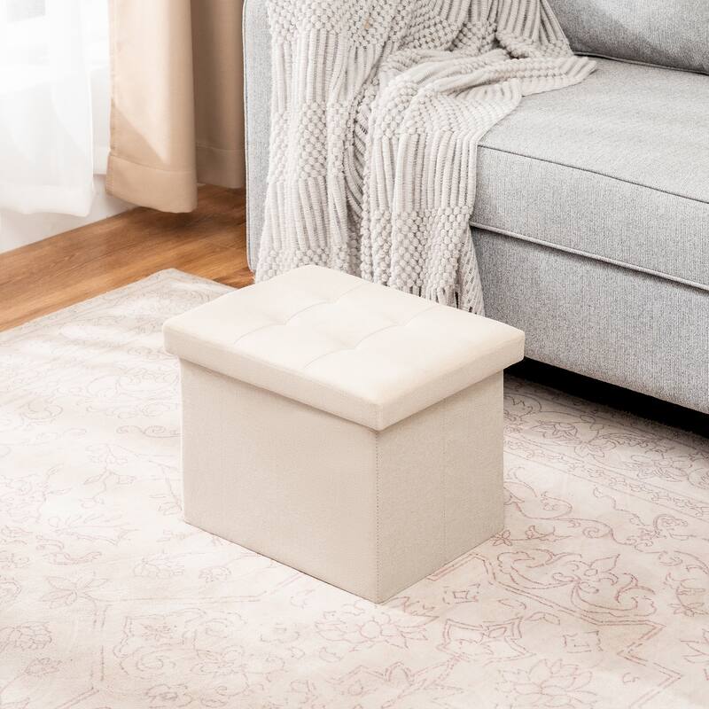 Adeco Foldable Linen Storage Ottoman with Tufted Button Design