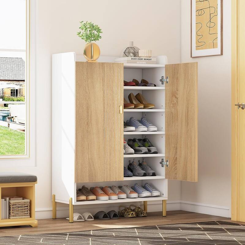 6 Tiers Shoe Cabinet Storage, Freestanding Wood Shoe Rack with Doors - 6-Tier