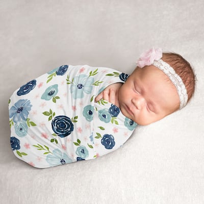 Watercolor Floral Collection Girl Baby Swaddle Receiving Blanket - Navy Blue and Blush Pink Boho Shabby Chic Rose Flower