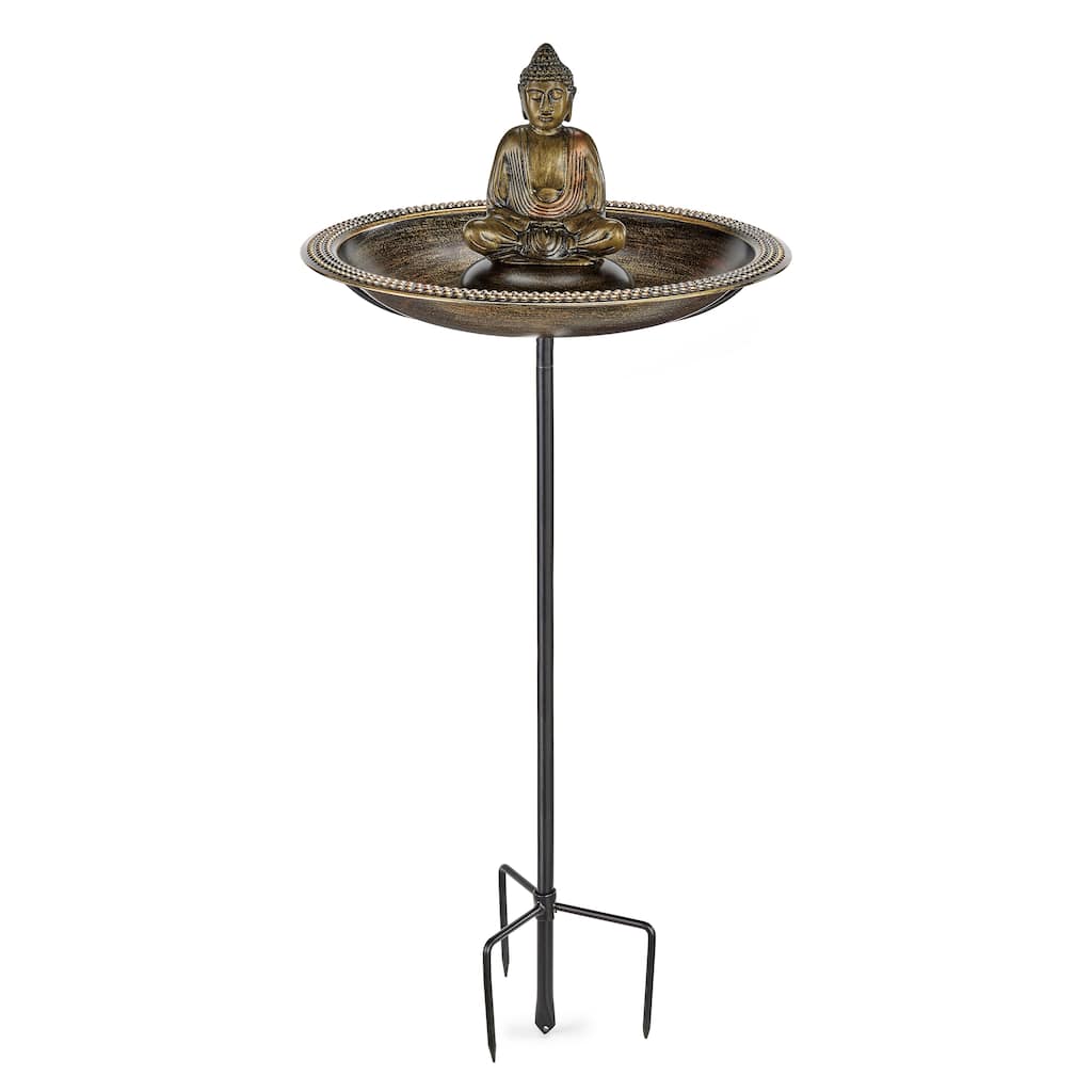 18" Beaded Copper Birdbath with Meditating Buddha and Garden Pole