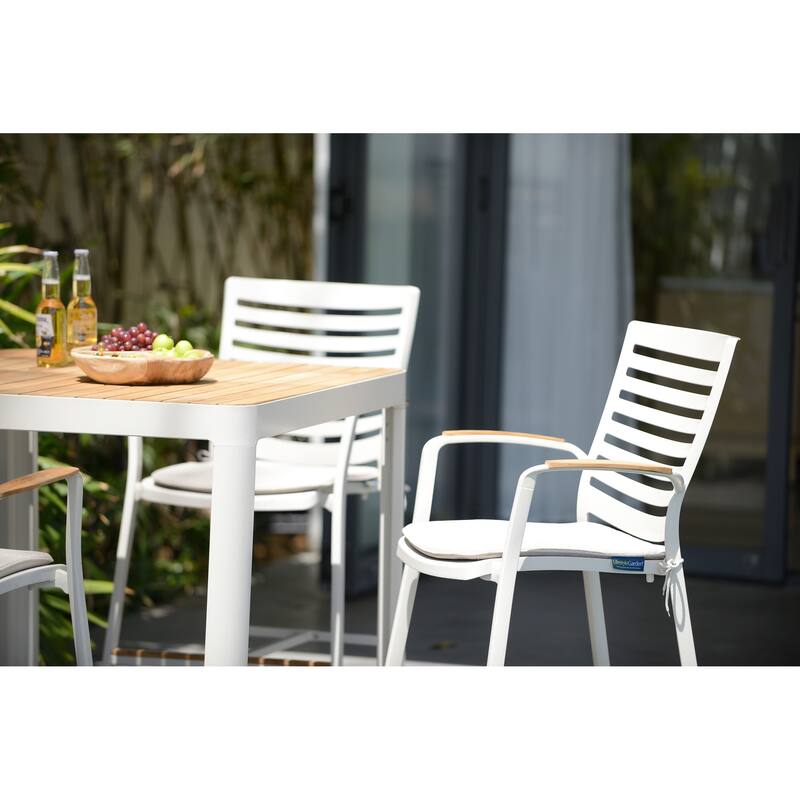 Portals Outdoor Patio Aluminum Barstool in Light Matte Sand with Natural Teak Wood Accent - Counter Stool