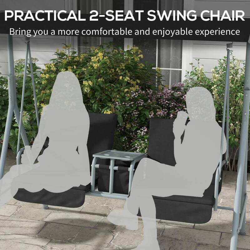 2-Seater Outdoor Porch Swing with Canopy and Table, Patio Swing Chair