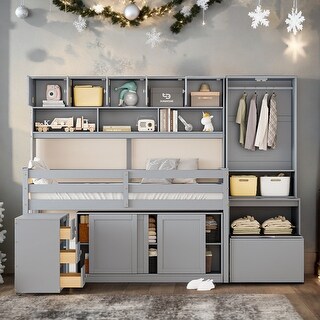 Full Size Wooden Loft Bed with Desk, Drawers and Shelves, Grey