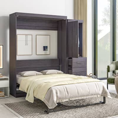 Wood Full Size Murphy Bed with Wardrobe and Drawers, Storage Bed, Foldable Into Cabinet Murphy Bed Frame w/Slats Support