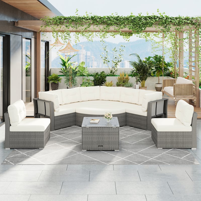 Outdoor Rattan Sectional Daybed Set – Complete with Plush Cushions & Center Table . - Beige