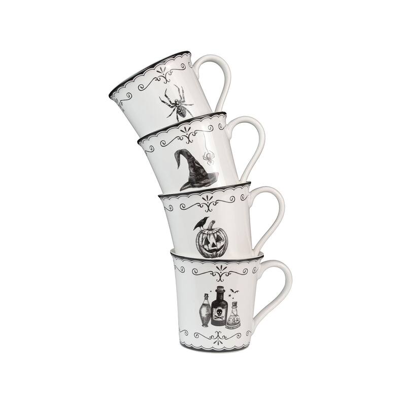 222 Fifth Elegant Haunting 4-Piece White Porcelain Halloween Mug Set - Witch Hat, Jack-o'-Lantern, Potion & Spider - 20.29 oz