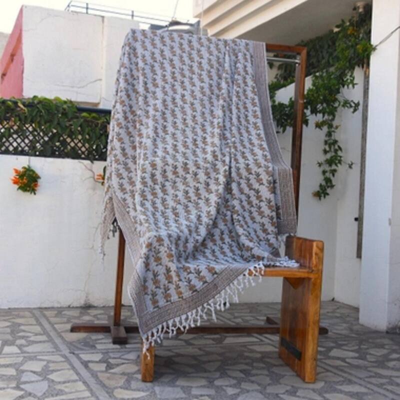 Fabdivine Deepika Handwoven Cotton Throw Blanket - Artisan Block Print, Decorative Sofa & Bed Accent with Fringe, 90"x54"