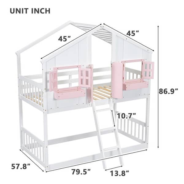 dimension image slide 1 of 2, Artsy Twin over Twin Wood House Roof Bunk Bed with Roof, Window Box, Door, Safety Guardrails and Ladder