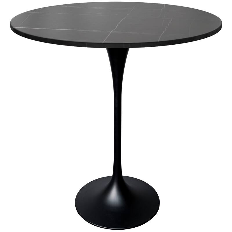 LeisureMod Verve 36" Bar Height Dining Table with Sintered Stone Round Top in Black Padestal Base - Black Marbleized