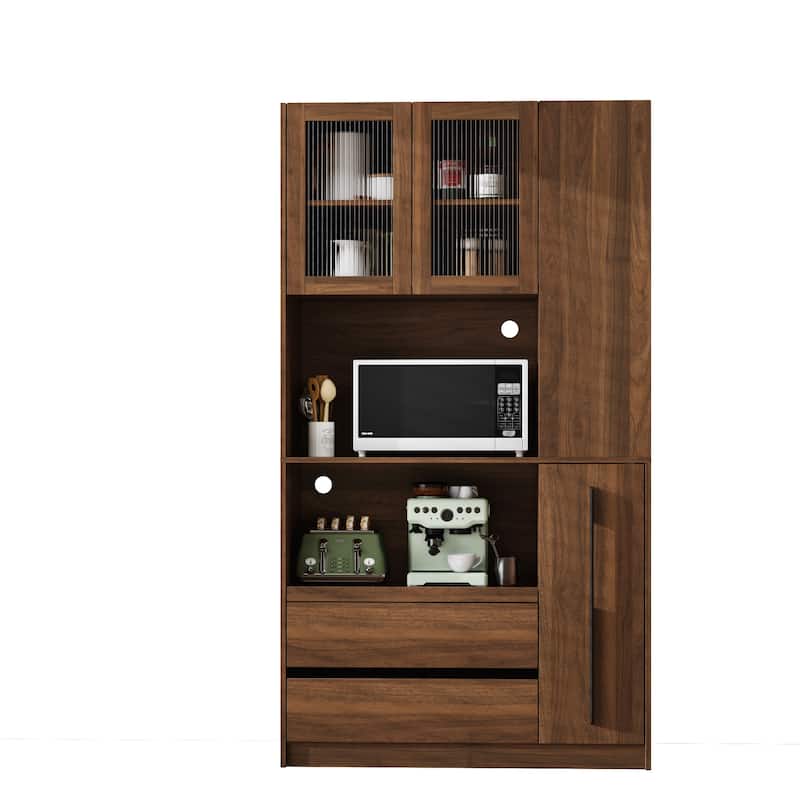 GDFStudio - Harry 70.87" Freestanding Multi-Function Pantry Cabinet with Pull-Out Shelves, Drawers & Microwave Stand