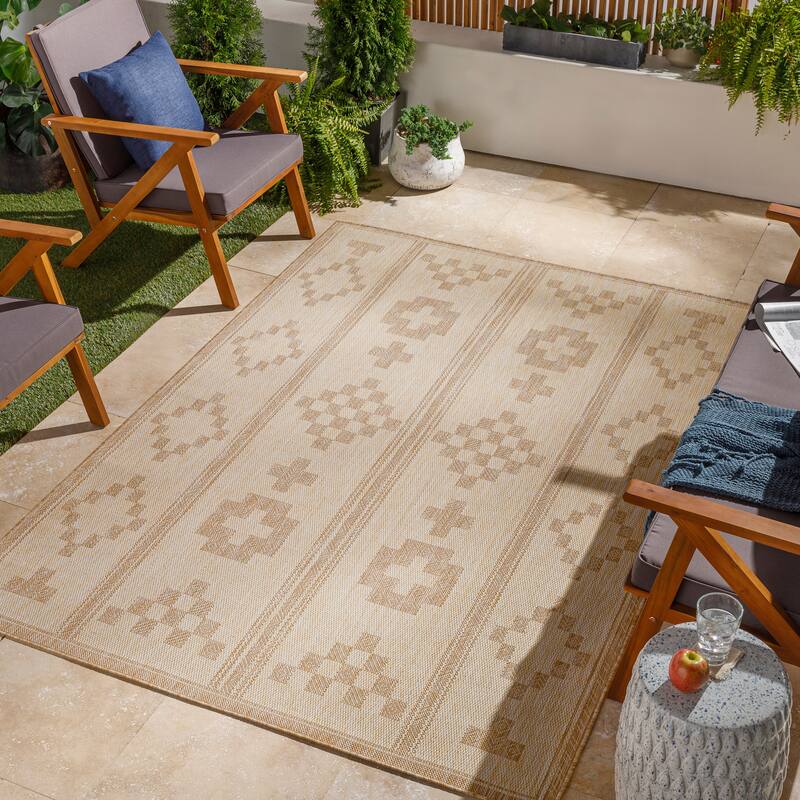 Livabliss Baxana Boho Stripe Indoor/ Outdoor Area Rug - 9'2" x 12' - Beige