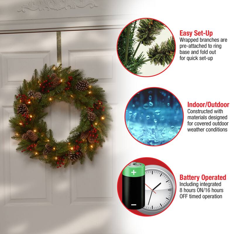 National Tree Company 2 ft. Feel Real Bristle Berry Wreath with Battery Operated LED Lights - 2 ft