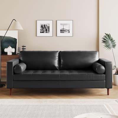 Mid-Century Modern 3-Seat Sofa, Black PU Leather, Tufted Design, Solid Wood Legs, 2 Bolster Pillows