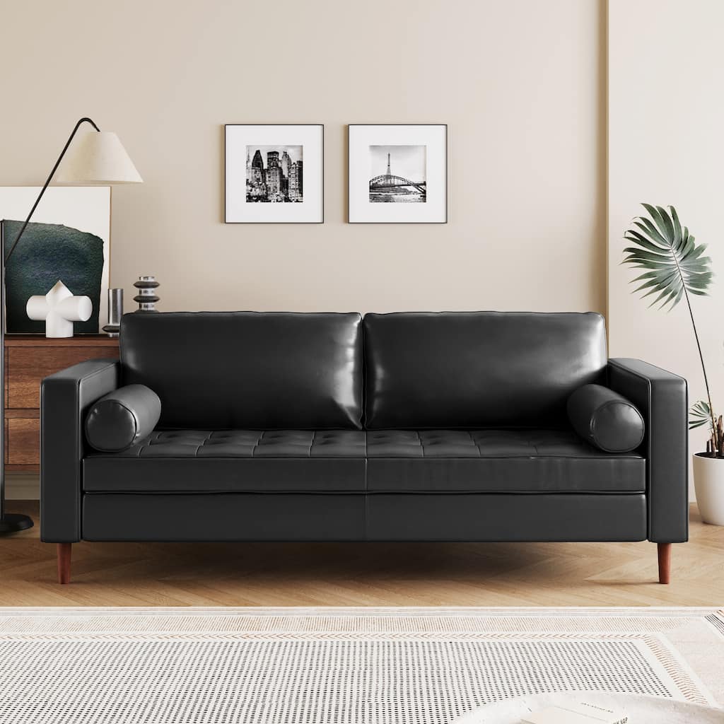 Mid-Century Modern 3-Seat Sofa, Black PU Leather, Tufted Design, Solid Wood Legs, 2 Bolster Pillows