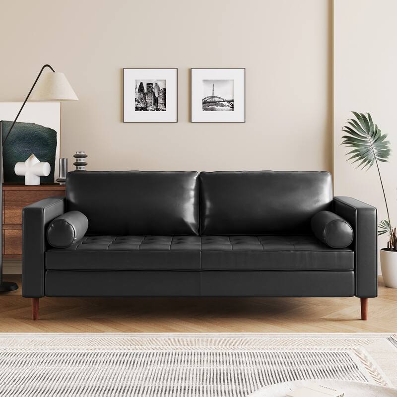 Mirod Mid-Century Modern PU Leather 3-Seat Sofa, Tufted Design, Solid Wood Legs, 2 Bolster Pillows - Black