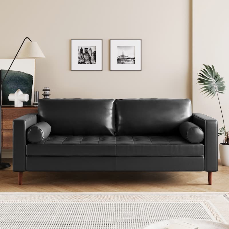 Roomfitters Mid-Century PU Leather Sofa, 3-Seater Couch with Tufted Seat, Bolster Pillows and Solid Wood Legs - Black