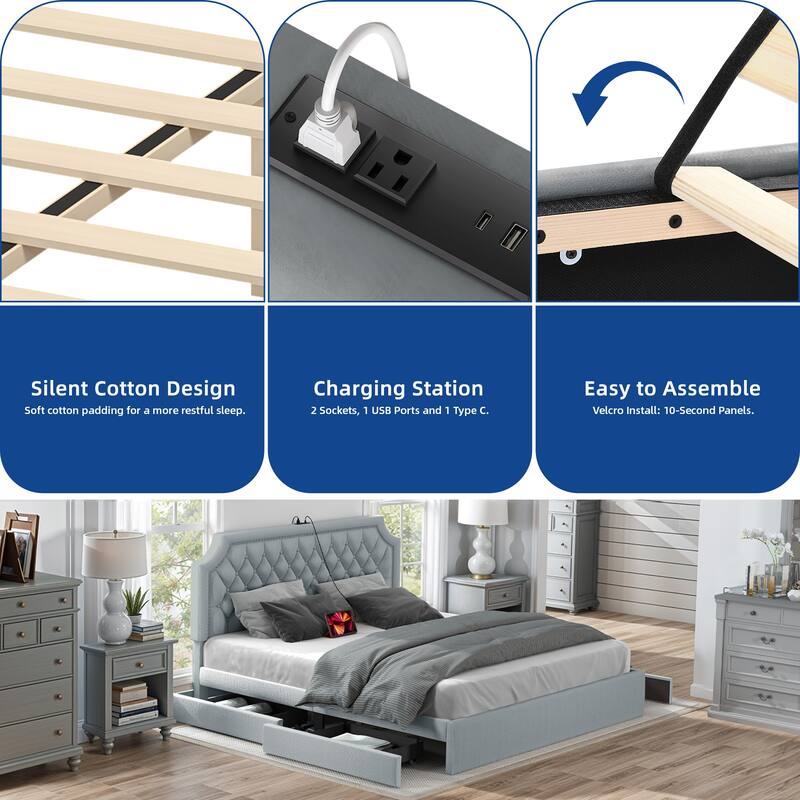 Moasis Velvet/Linen Upholstered Bedframe with Adjustable Headboard and 4 Storage Drawers