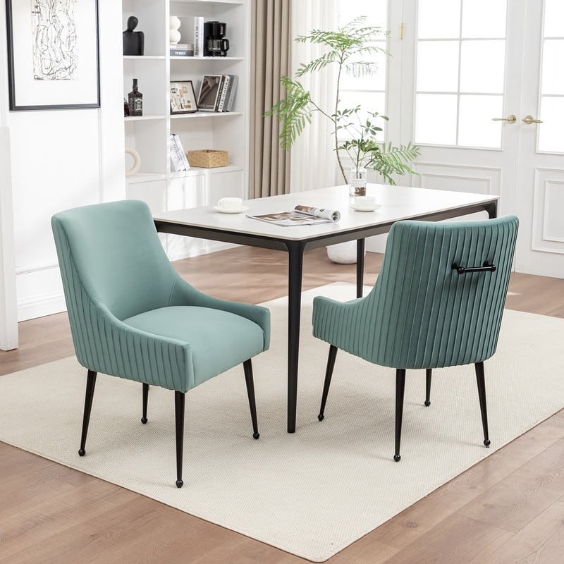 SEYNAR Modern Glam Velvet Black Metal Legs Dining Chair or Vanity Chair Set of 2 with Rear Handle - Green