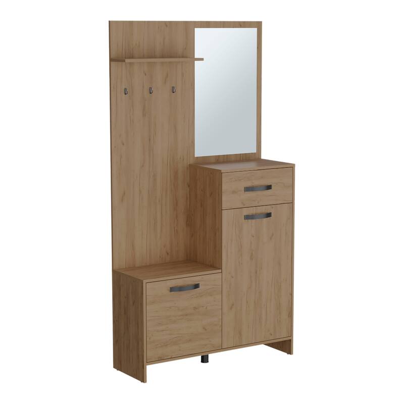 Elegant Hall Tree with 2 Doors, 1 Drawer, 1 Shelf, and Mirror - Practical Storage Solution for Entryways and Hallways