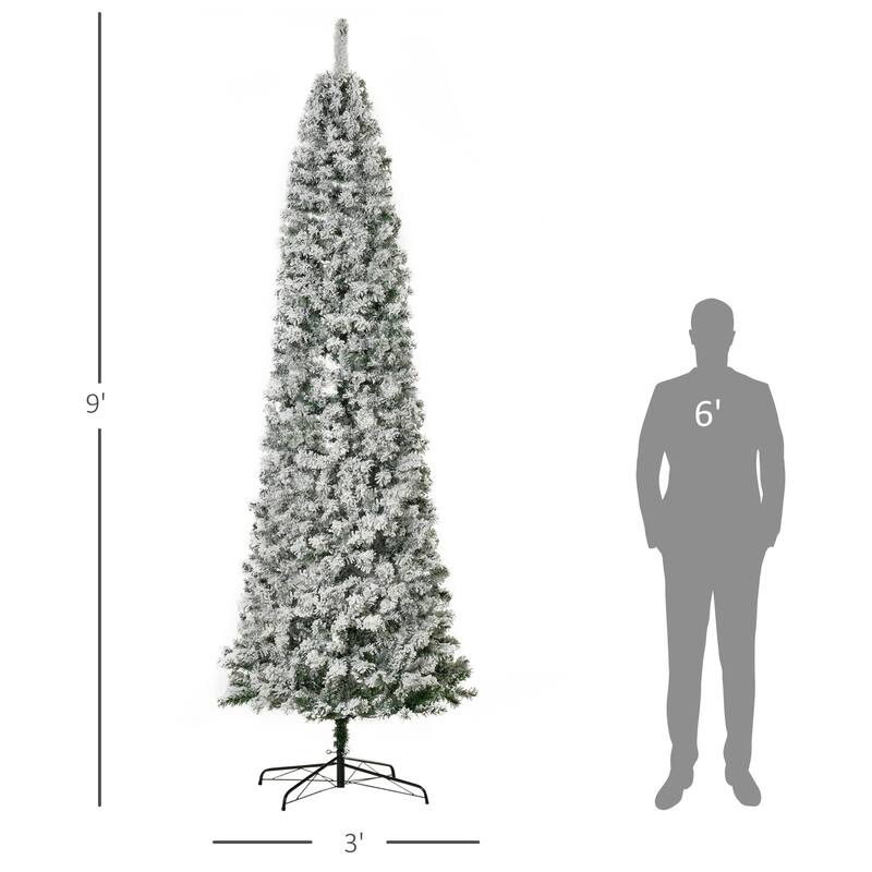 HOMCOM 6FT/7FT/9FT Slim Flocked Christmas Tree with Lights, Skinny Christmas Tree with Stand
