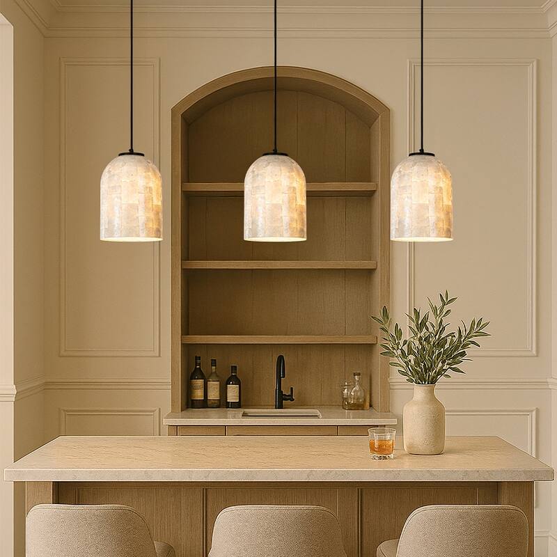 1-Light 7'' Modern Farmhouse Natural Capiz Seashell Single Pendant Light Coastal Cylinder Hanging Light For Kitchen - W7''