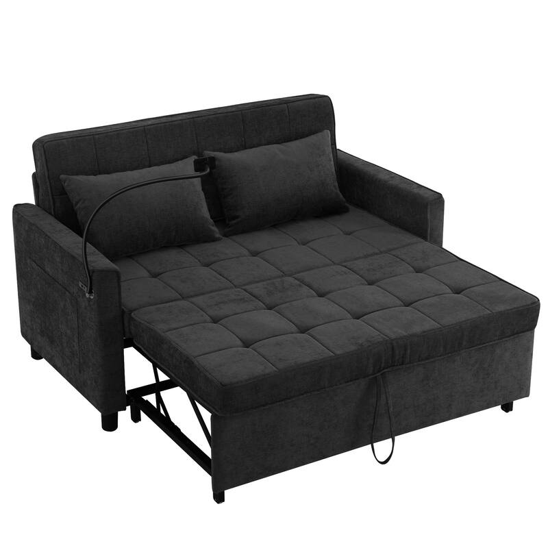 Pull-Out Sofa Bed Sleeper Sofa with A Reversible Backrest Cushion, Side Pockets, Two USB Ports and a Phone Holder