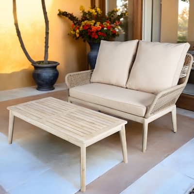 2-Piece Outdoor Acacia Wood Sofa Set with Coffee Table