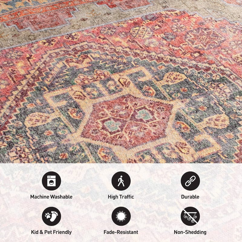 Beige Medallion Flat Pile Washable Rug - Pet Friendly, Non-Slip for Entryway and Bedroom