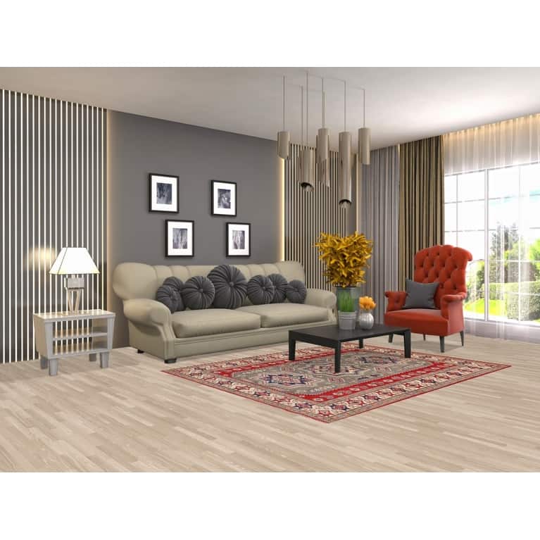 Geometric Kazak Oriental Area Rug Handmade Grey Wool Carpet - 5'0" x 6'6"