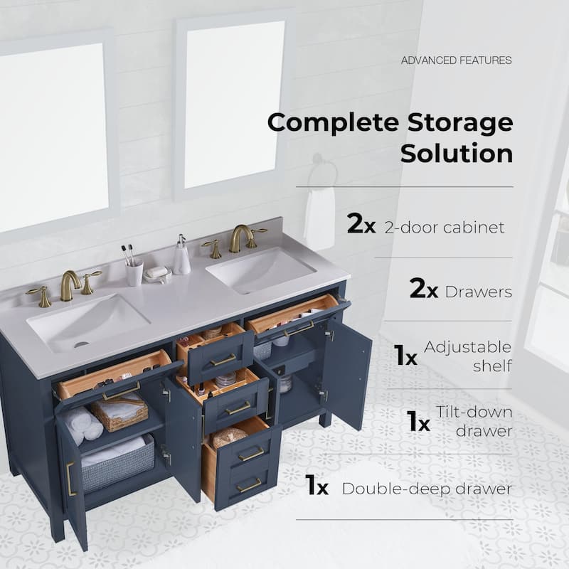 OVE Decors Tahoe 60 in Midnight Blue Double Sink Vanity with White Cultured Marble Top and Mirrors