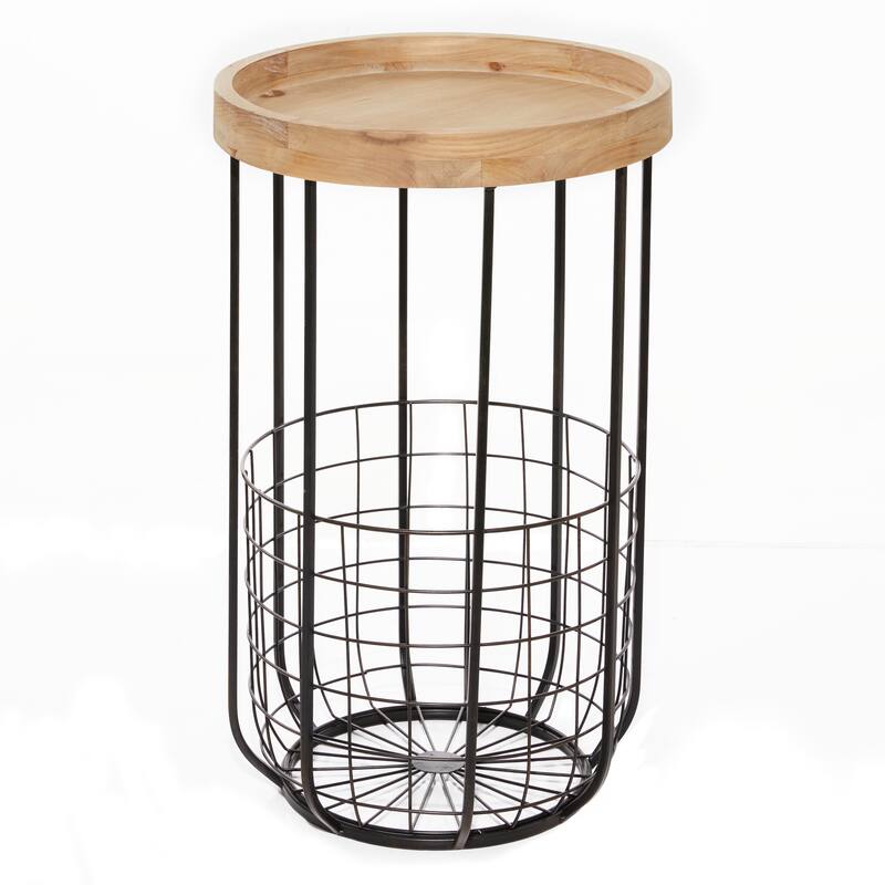 Metal Accent Table with Brown Wood Top and Wire Basket Storage - Black - Roche River Decor - 16"W x 16"L x 26"H