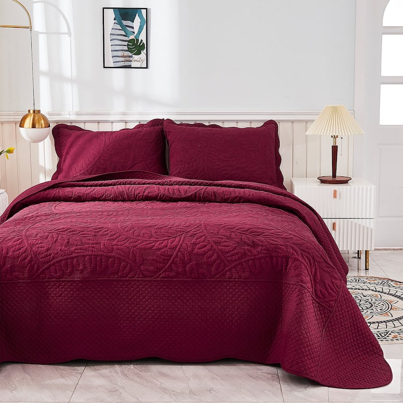 MarCielo 3 Piece Cotton Oversized Bedspread Quilt Set Tmonica - Wine Burgundy - Oversized King